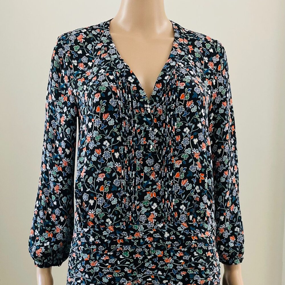 Veronica Beard Navy Blue Floral Patterned Pleated Drop Waist Silk Dress, Size 2
